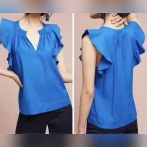 HD in Paris by Anthropologie Royal Blue Ruffle Sleeve Ruched V Neck, Size 10